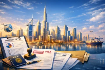 A desk with UAE passports, a visa form, business documents, and a stamp in the foreground; Dubai skyline and ships at a marina in the background highlight the Best Free Zone in UAE for Business Setup.