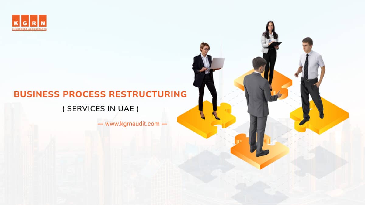 Image showing four professional individuals interacting on puzzle piece-shaped platforms. The text reads "Business Process Restructuring (Services in UAE)" with a website www.kgrnaudit.com. The logo of KGRN Chartered Accountants is at the top left corner.