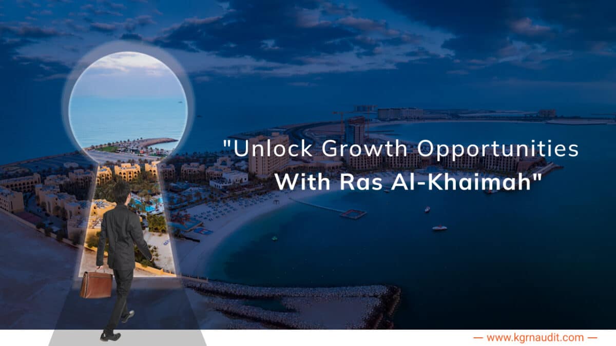 A man in a business suit walks towards a keyhole-shaped view of RAK. The keyhole reveals a coastal cityscape with buildings and a beach. The text reads, "Unlock Growth Opportunities With Ras Al-Khaimah." The website "www.kgmaudit.com" is displayed at the bottom.